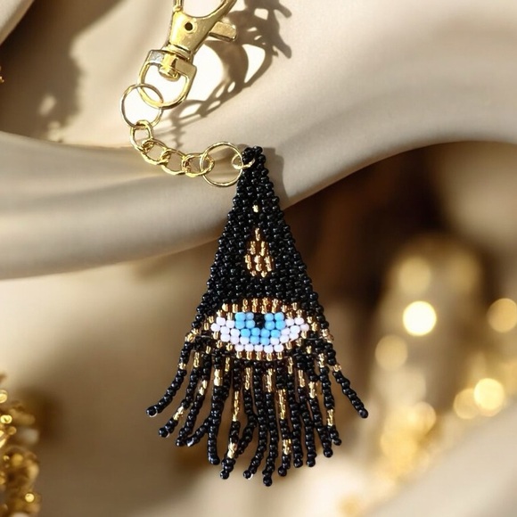 Evil Eye Bag Charm with Hand Beaded Glass Seed Beads and Gold Toned Clasp - Picture 4 of 17